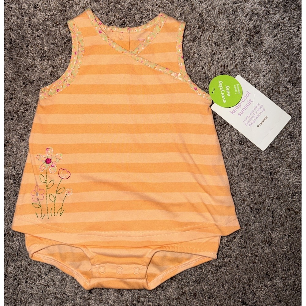 Y2K Carter's Baby Girl 12 Months Orange Striped Floral Applique Sunsuit NWT 2005